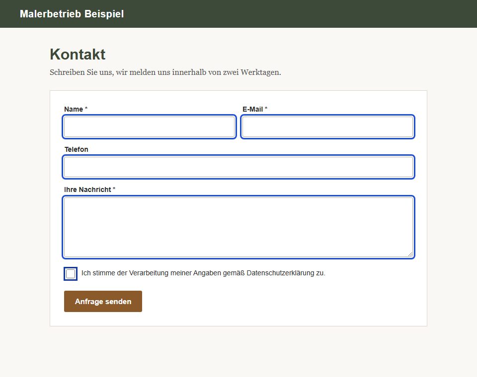 Bildschirmfoto eines Kontaktformulars, in dem Name, E-Mail, Nachricht und Einwilligung farbig markiert sind